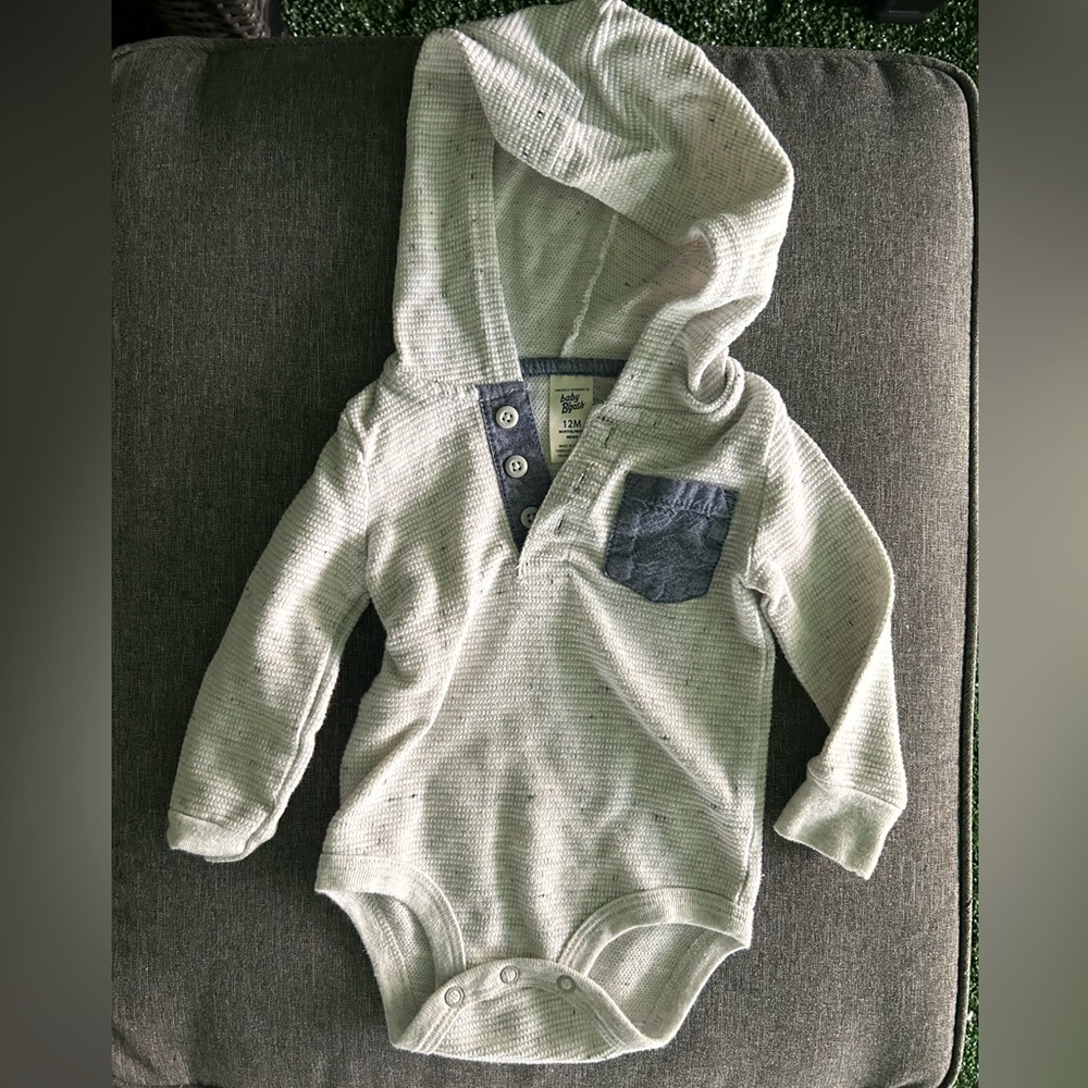 Cream Baby b'gosh long sleeve onesie with hood.